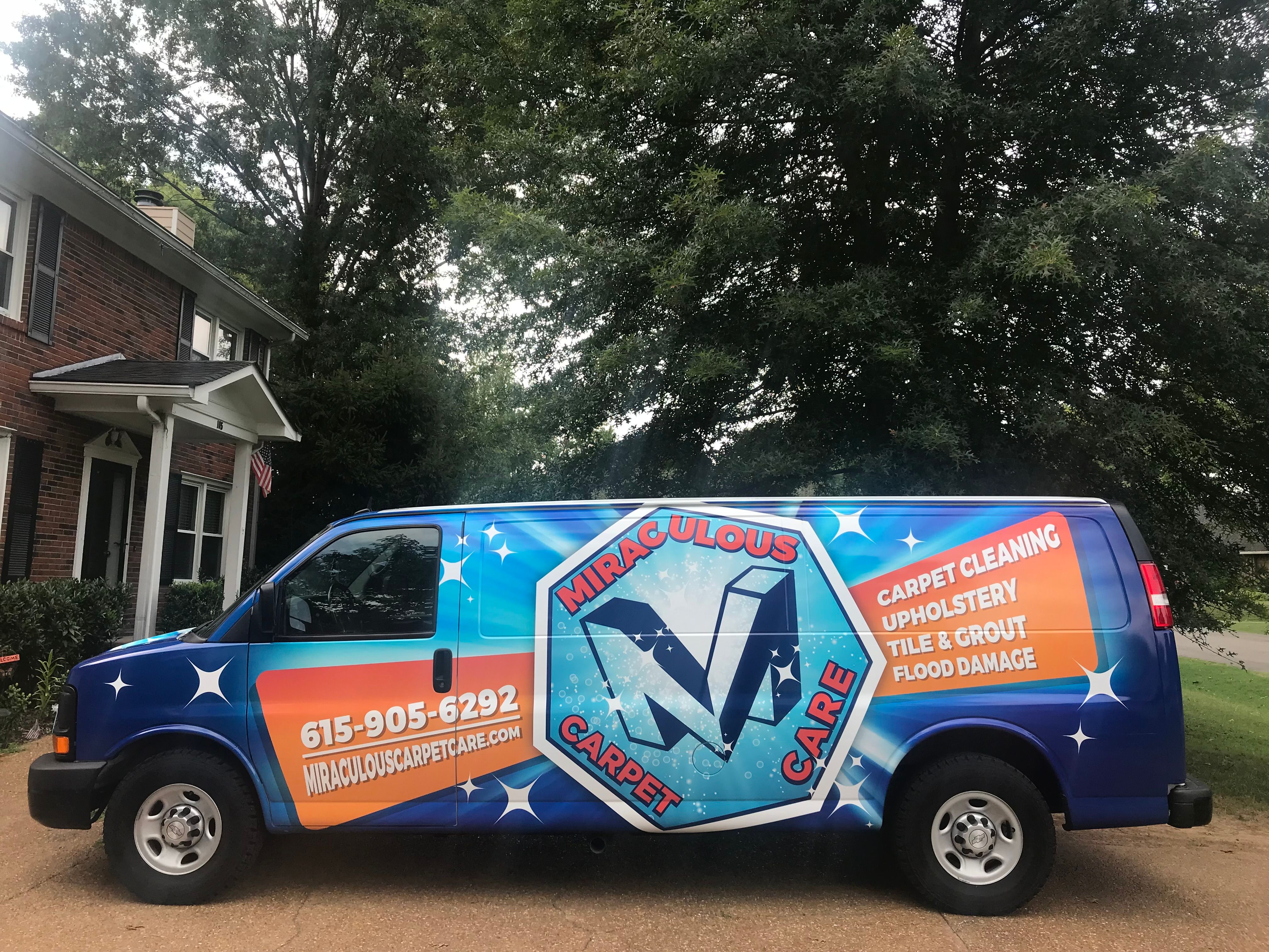 Miraculous Carpet Care van parked in front of a brick home in the Franklin, TN area