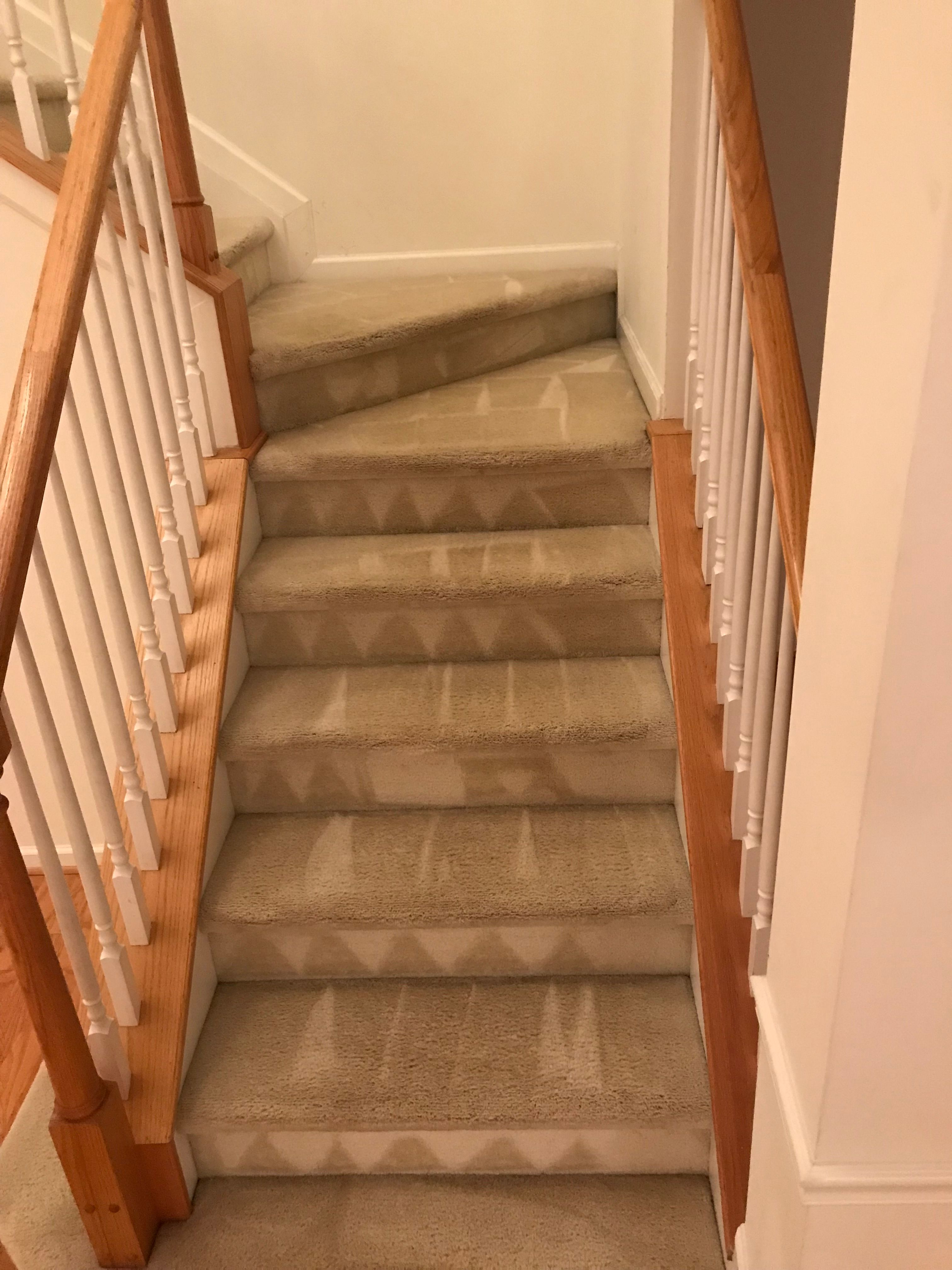 Freshly cleaned carpeted staircase with wooden railings
