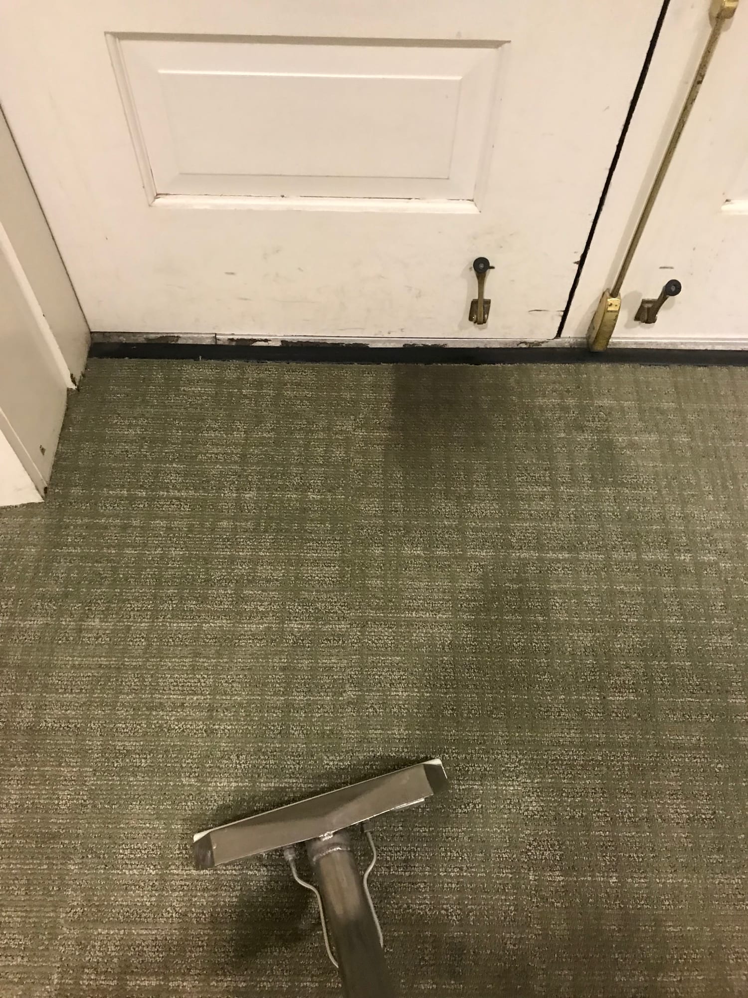 Commercial low-pile carpet being cleaned near an office doorway